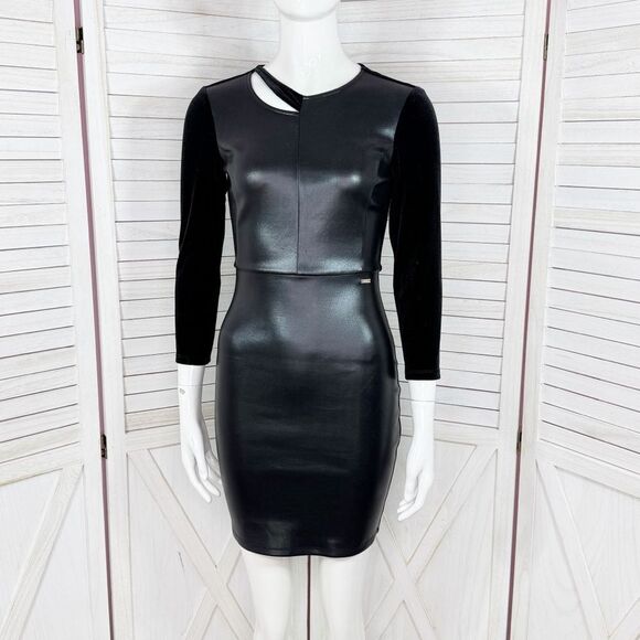 Armani Exchange Faux Leather Velvet Cutout Bodycon Sheath Dress Black XS - Picture 2 of 15